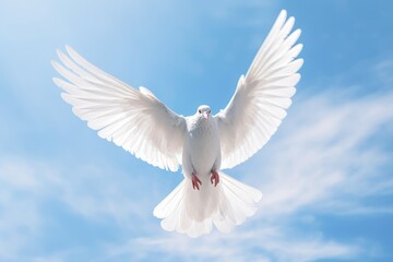 Holy spirit bird flies in blue sky, bright light shines from heaven. Flying white dove descends from sky. Christian symbol of Holy Spirit, peace - obrazy, fototapety, plakaty