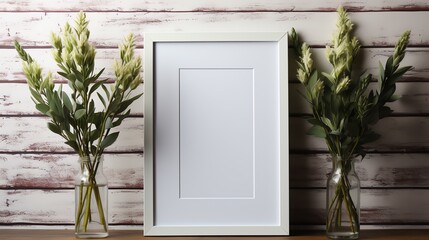 a white frame and vases of flowers