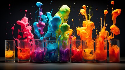 a group of glasses with colorful liquid splashing - obrazy, fototapety, plakaty
