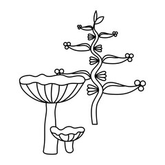 Wild mushrooms and plants on a white background, outline drawn vector illustration, 
Contour black line mushroom, Forest plant sketches, cartoon style