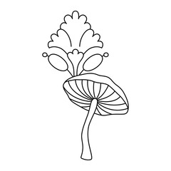 Wild mushrooms and plants on a white background, outline drawn vector illustration, 
Contour black line mushroom, Forest plant sketches, cartoon style