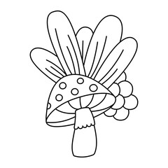 Wild mushrooms and plants on a white background, outline drawn vector illustration, 
Contour black line mushroom, Forest plant sketches, cartoon style