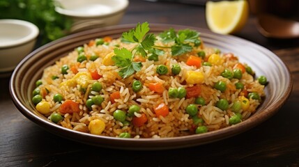 Fototapeta na wymiar Fried rice with peas and carrot