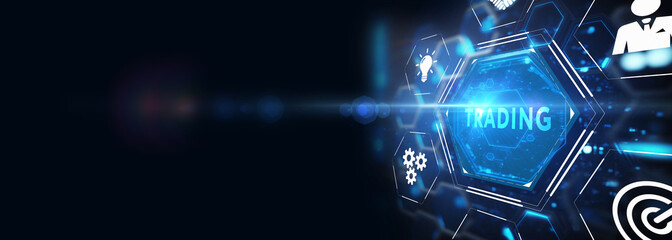 Trading word on digital screen, global communication concept. 3d illustration