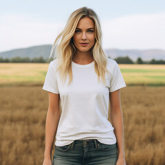 A blond-haired female model standing in a white short-sleeved T-shirt against the backdrop of a golden field. Generative AI