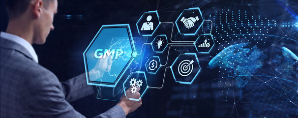 Good manufacturing practice certification quality control on virtual screen. GMP.