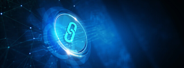 Chain Link icon on abstract blue background. Hyperlink chain symbol concept. 3d illustration