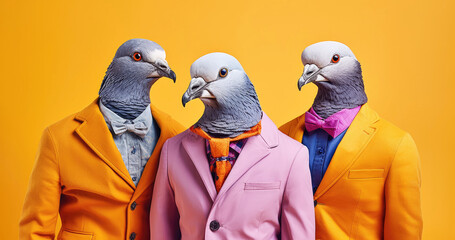 Cute funny pigeon group as business team dressed in suits