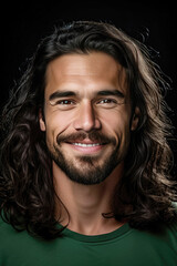 Smiling man with long, curly hair and a casual beard on a dark background