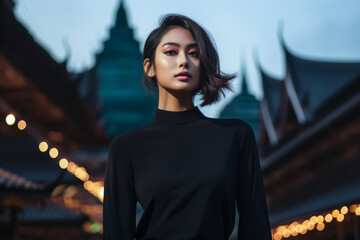 Portrait of an elegant Asian young woman with a cityscape background