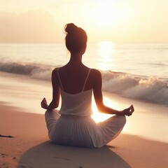 meditation and yoga on the beach. concept of doing yoga on summer vacation or vacation by the sea. woman in lotus position at dawn - obrazy, fototapety, plakaty