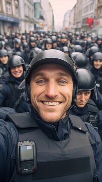 Selfie portrait of a smiling white policeman against the backdrop of a mass riot situation, AI generated, background image