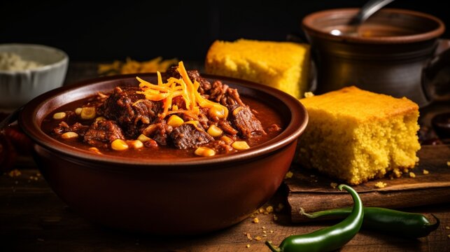 an image of a steaming bowl of barbecue cornbread chili with chunks of cornbread