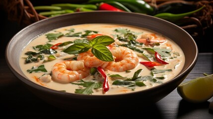 an image of a steaming bowl of Thai coconut soup with shrimp and lemongrass