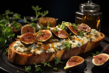 open sandwich with figs and blue cheese on dark background. Generative AI - obrazy, fototapety, plakaty