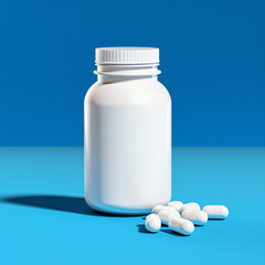 A white medicine bottle on a blue background. - Generative AI