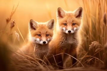 Two beautiful fox cubs in a meadow of golden crops.