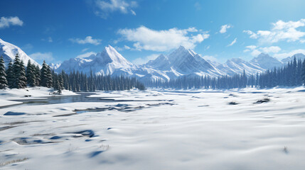 a snowy open field with pine trees and mountains in the background, photoreal - Generative AI