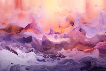 Zelfklevend Fotobehang A surreal landscape where morph into abstract shapes and forms, each structure infused with various shades of purple - Generative AI © seogi
