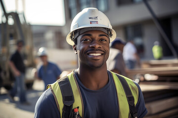 Smiling men bricklayer in work clothes on a construction site. Mason at work. Black men. African American man. Job. construction company. AI