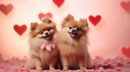 Fototapeta na wymiar Portrait of a pair of cute dogs a Valentine's Day atmosphere background with space for text, AI generated, background image