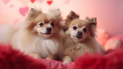 Fototapeta na wymiar Portrait of a pair of cute dogs a Valentine's Day atmosphere background with space for text, AI generated, background image