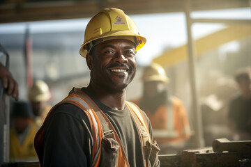 Smiling men bricklayer in work clothes on a construction site. Mason at work. Black men. African American man. Job. construction company. AI - obrazy, fototapety, plakaty