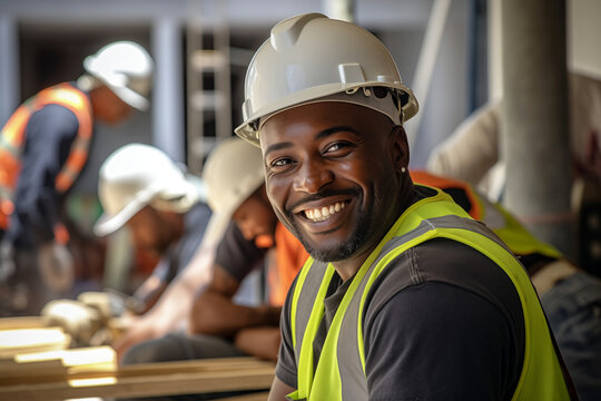 Smiling men bricklayer in work clothes on a construction site. Mason at work. Black men. African American man. Job. construction company. AI
