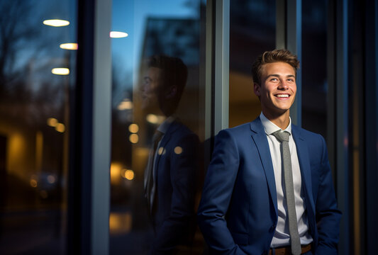 Young man smiling while leaning against the window of an office building. Generative AI
