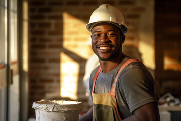 Smiling men bricklayer in work clothes on a construction site. Mason at work. Black men. African American man. Job. construction company. AI - obrazy, fototapety, plakaty