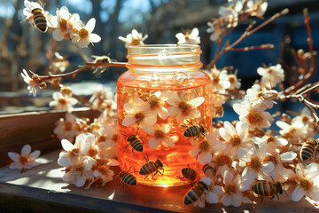 A jar filled with honey, flowers and bees on a table.