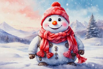 Obraz premium Cute smiling Cartoon Snowman Wearing a Red Scarf and knitted hat on a Snowy Background. Beautiful light watercolor card. Merry Christmas and Happy New Year. Generative AI