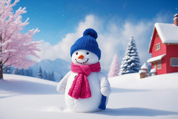 Fototapeta premium Cute Snowman, Wearing a pink Scarf and blue knitted hat, background Snowy landscape. Cartoon style. Holiday greeting card design. Merry Christmas and Happy New Year. Generative AI