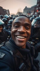Selfie portrait of a smiling black policeman against the backdrop of a mass riot situation, AI generated, background image - obrazy, fototapety, plakaty