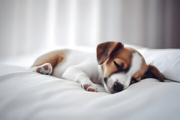 The puppy sleeps on the bed. - obrazy, fototapety, plakaty
