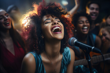 a group of diverse young friends singing at a karaoke party in a night club, laughing and having fun together, A beautiful girl sings into the microphone