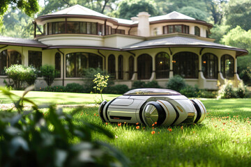 A lawn mower in front of a large house.