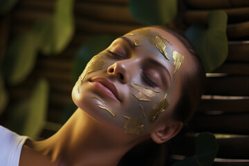 A relaxed, natural woman in a beauty salon during a facial treatment, adorned with a gold mask. Warm lighting and green plants create a soothing backdrop.