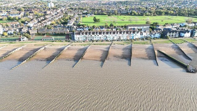 Row of seafront houses Whitstable seaside town  Kent UK  Drone, Aerial,