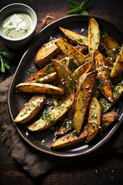 Flavorful Crisps: Potato Wedges Seasoned with Herbs, Parmesan, and Dipping Sauce