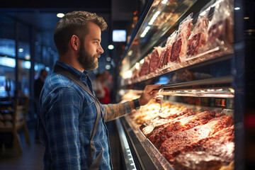 A man looking at meat in a display case in supermarket. - obrazy, fototapety, plakaty