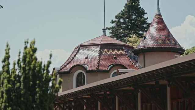 Tower rooftop of Caux Palace hotel in Switzerland, motion view