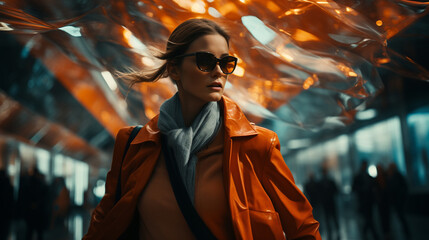 An enchanting female model wearing an orange leather jacket and sunglasses. Shopping mall background. Generative AI