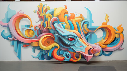 abstract artwork of a bizarre creature, in the style of playful graffiti-inspired murals