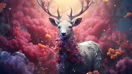  fantasy illustration of a white deer surrounded by flowers