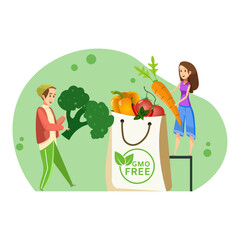 The concept of proper nutrition. A girl and a guy with vegetables in their hands. Healthy lifestyle, non-GMO products. Vector