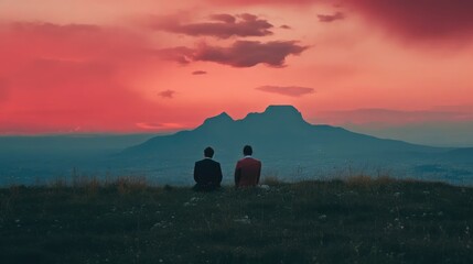 Fototapeta na wymiar Two people sitting on a hillside looking at a beautiful red sky.