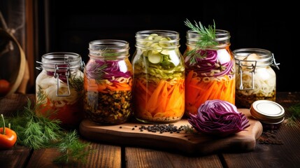 Assorted vegetable pickles in glass jars on wooden table. Homemade preserved food.