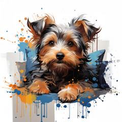 yorkshire terrier sitting on pillows paint splatter colorful