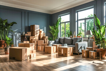 A living room filled with lots of boxes packaging for moving.